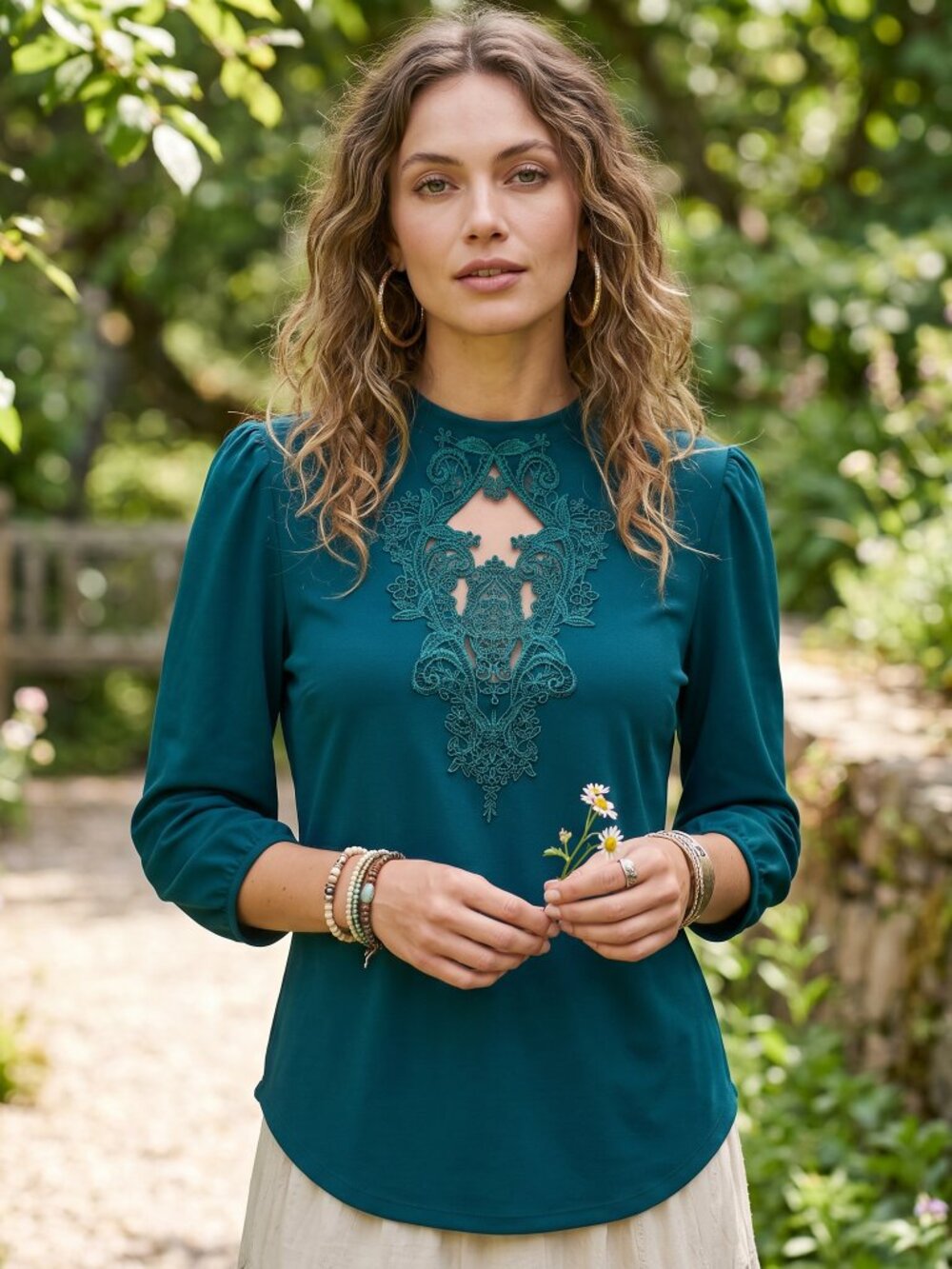 Sweet Rain M Teal Lace Top Jewel Romantic Cutout Intricate Whimsigoth Fairy Chic
